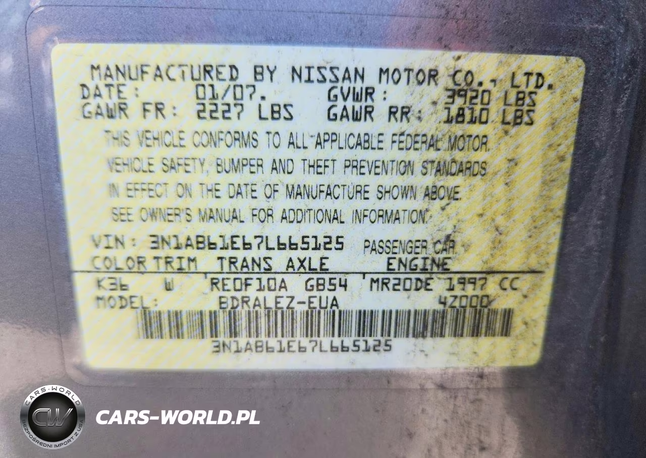 2007 Nissan Sentra 2.0 VIN:3N1AB61E67L665125 - 12