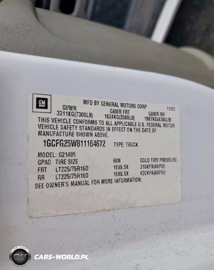 2001 Chevrolet Express Delivery Van VIN:1GCFG25W811164672 - 13