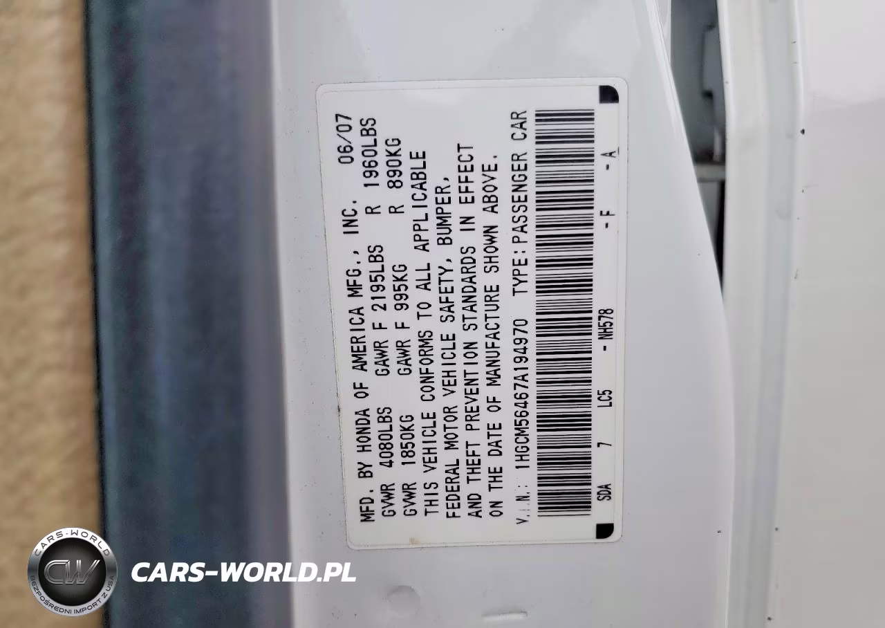 2007 Honda Accord Lx VIN:1HGCM56467A194970 - 12