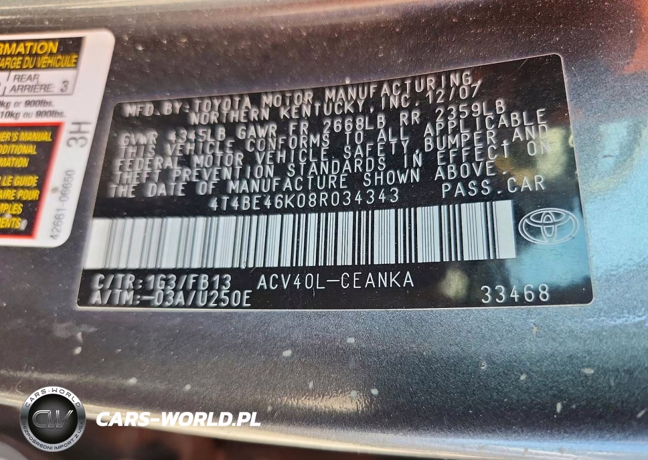 2008 Toyota Camry Le VIN:4T4BE46K08R034343 - 12