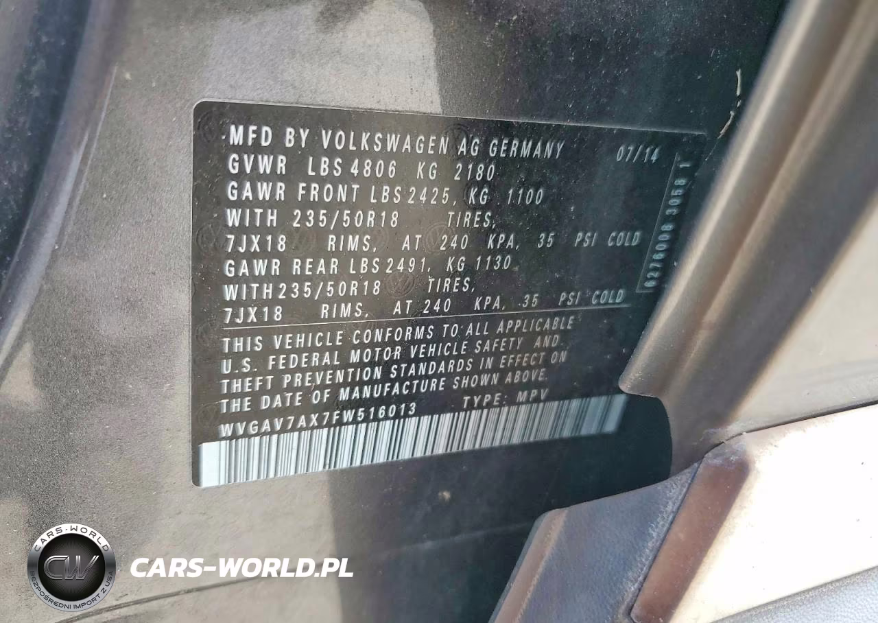 2015 Volkswagen Tiguan S VIN:WVGAV7AX7FW516013 - 13