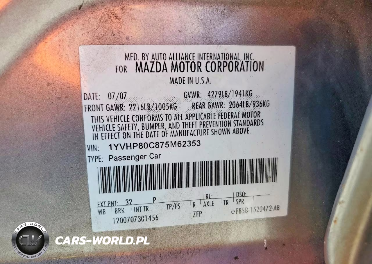 2007 Mazda 6 I VIN:1YVHP80C875M62353 - 12