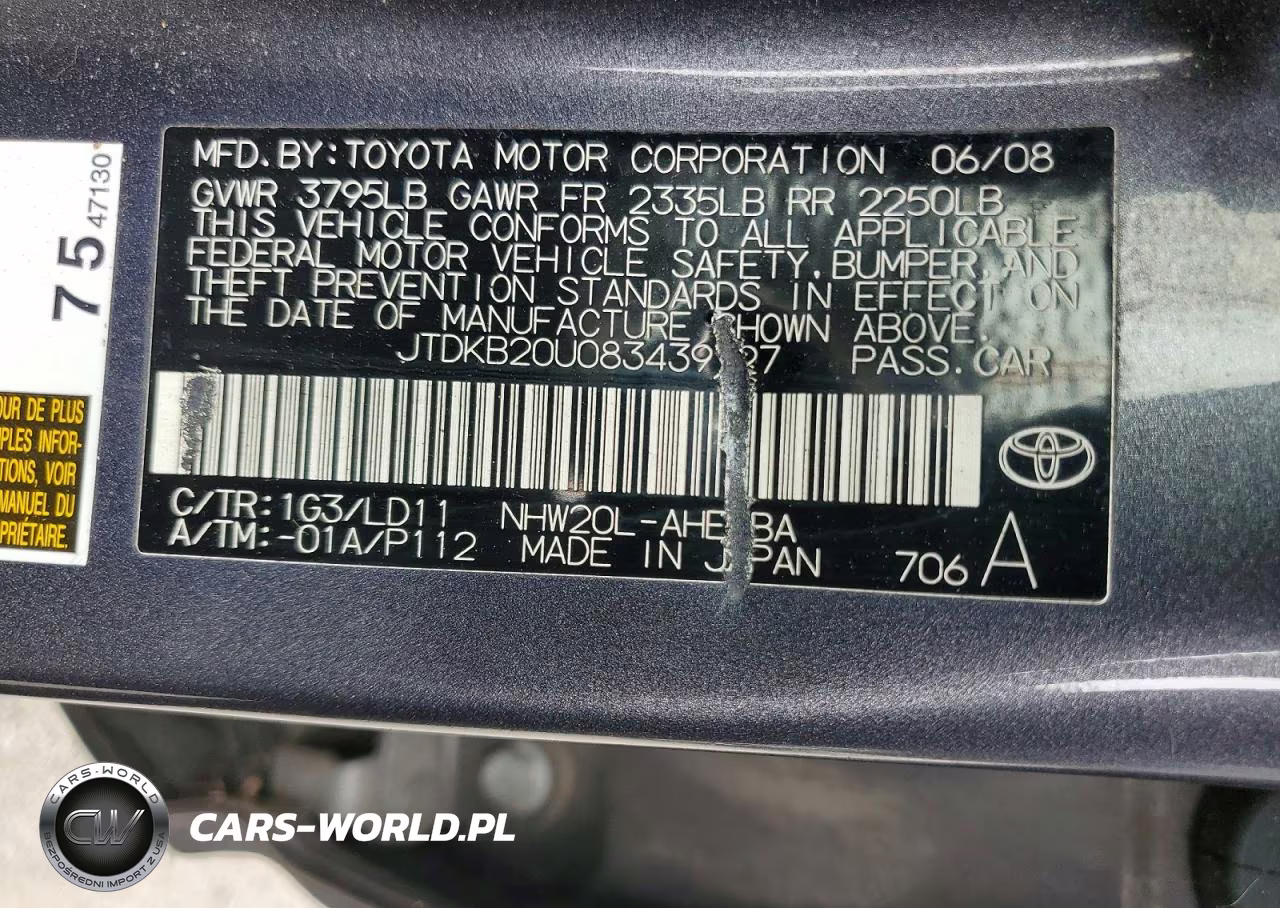 2008 Toyota Prius Base VIN:JTDKB20U083439727 - 12