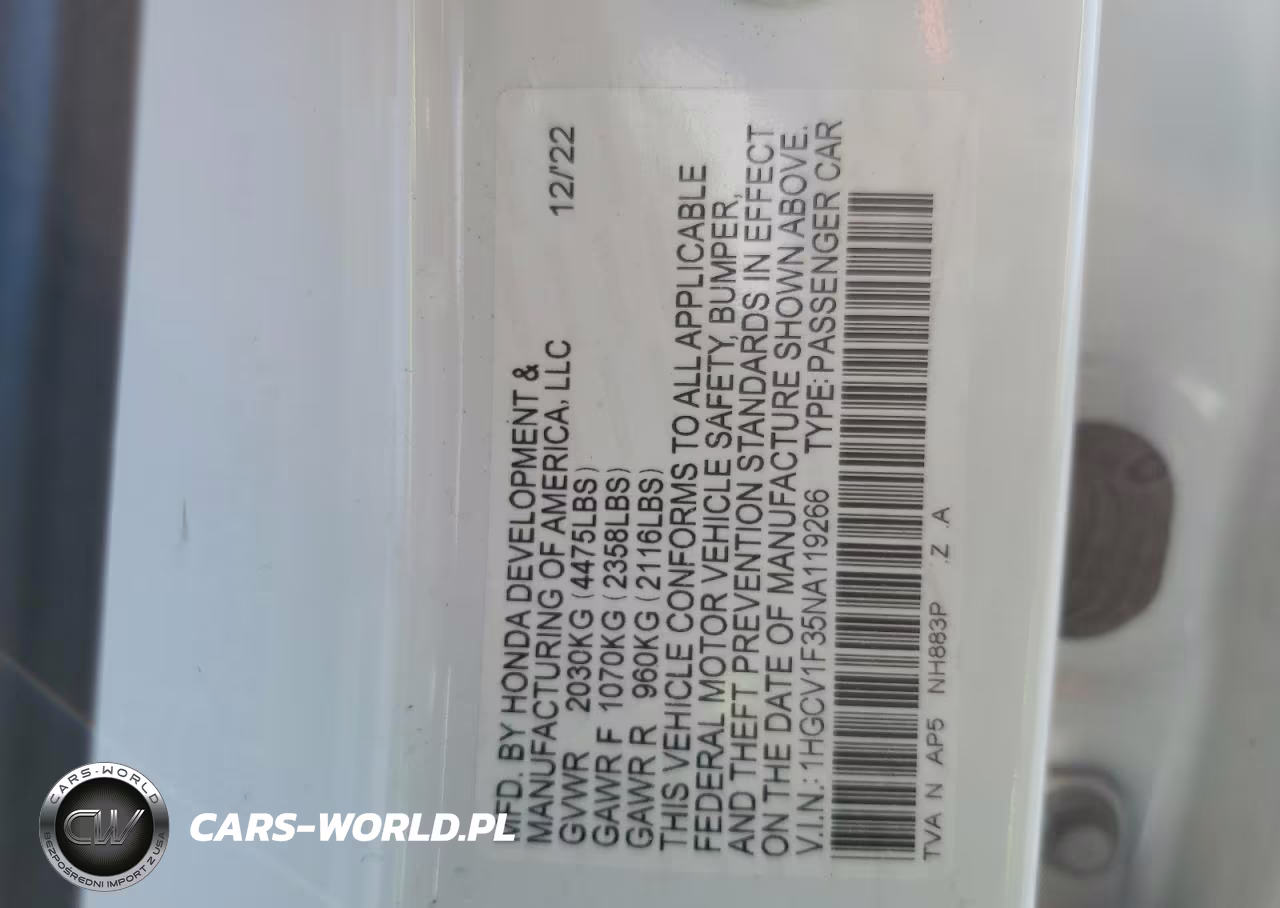 2022 Honda Accord Sport VIN:1HGCV1F35NA119266 - 12