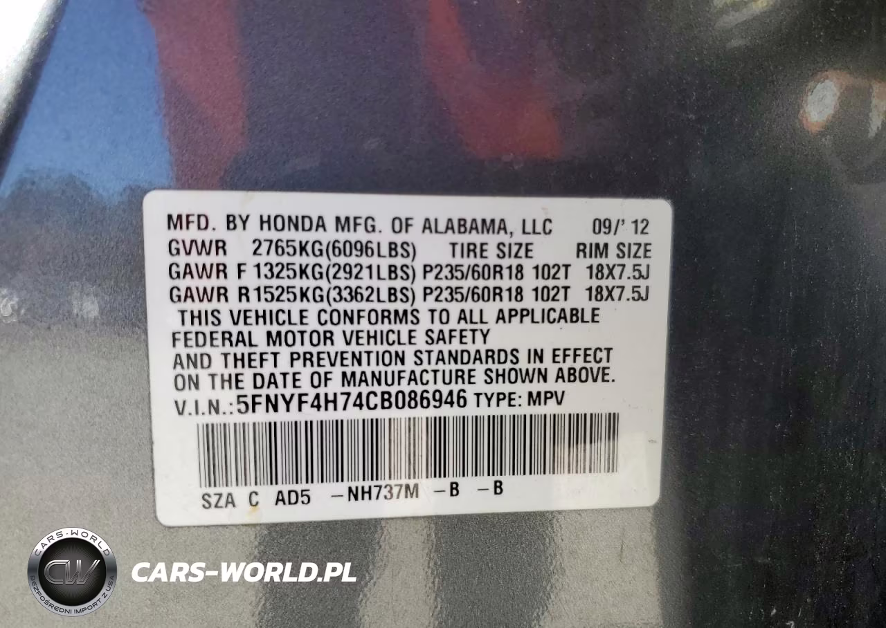 2012 Honda Pilot Exln VIN:5FNYF4H74CB086946 - 13