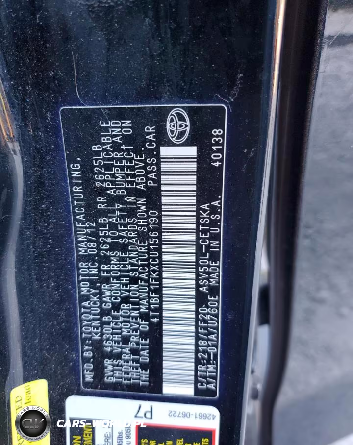 2012 Toyota Camry Base VIN:4T1BF1FKXCU156190 - 13