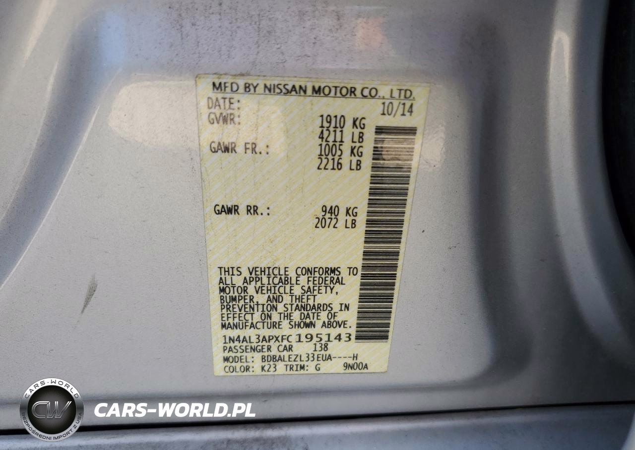 2015 Niss Altima 2.5 S VIN:1N4AL3APXFC195143 - 12