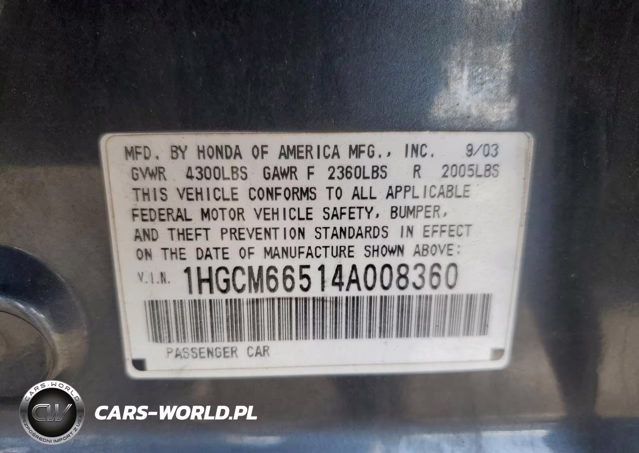 2004 Honda Accord Ex VIN:1HGCM66514A008360 - 13