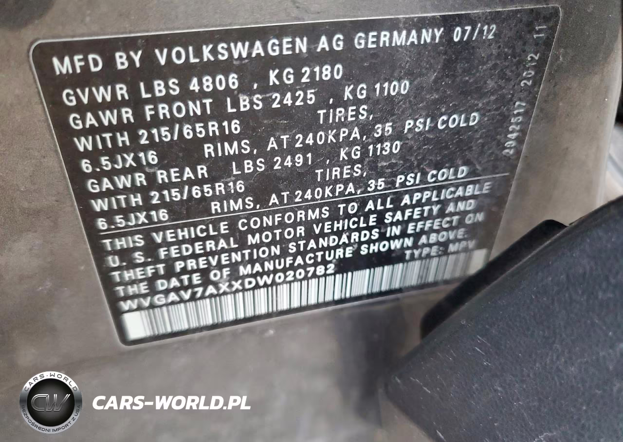 2013 Volkswagen Tiguan S VIN:WVGAV7AXXDW020782 - 12