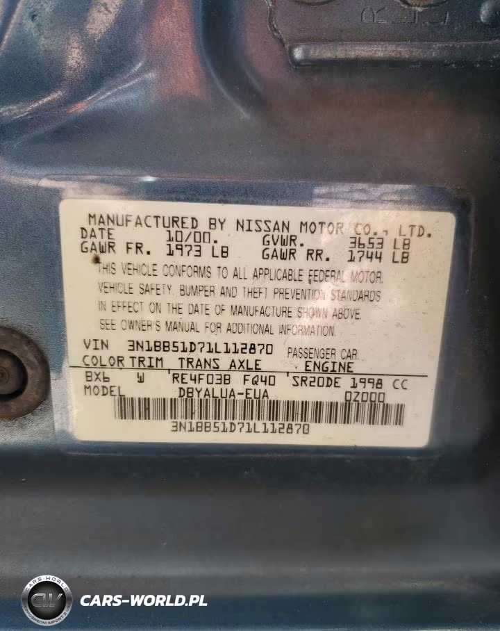 2001 Nissan Sentra Se VIN:3N1BB51D71L112870 - 12