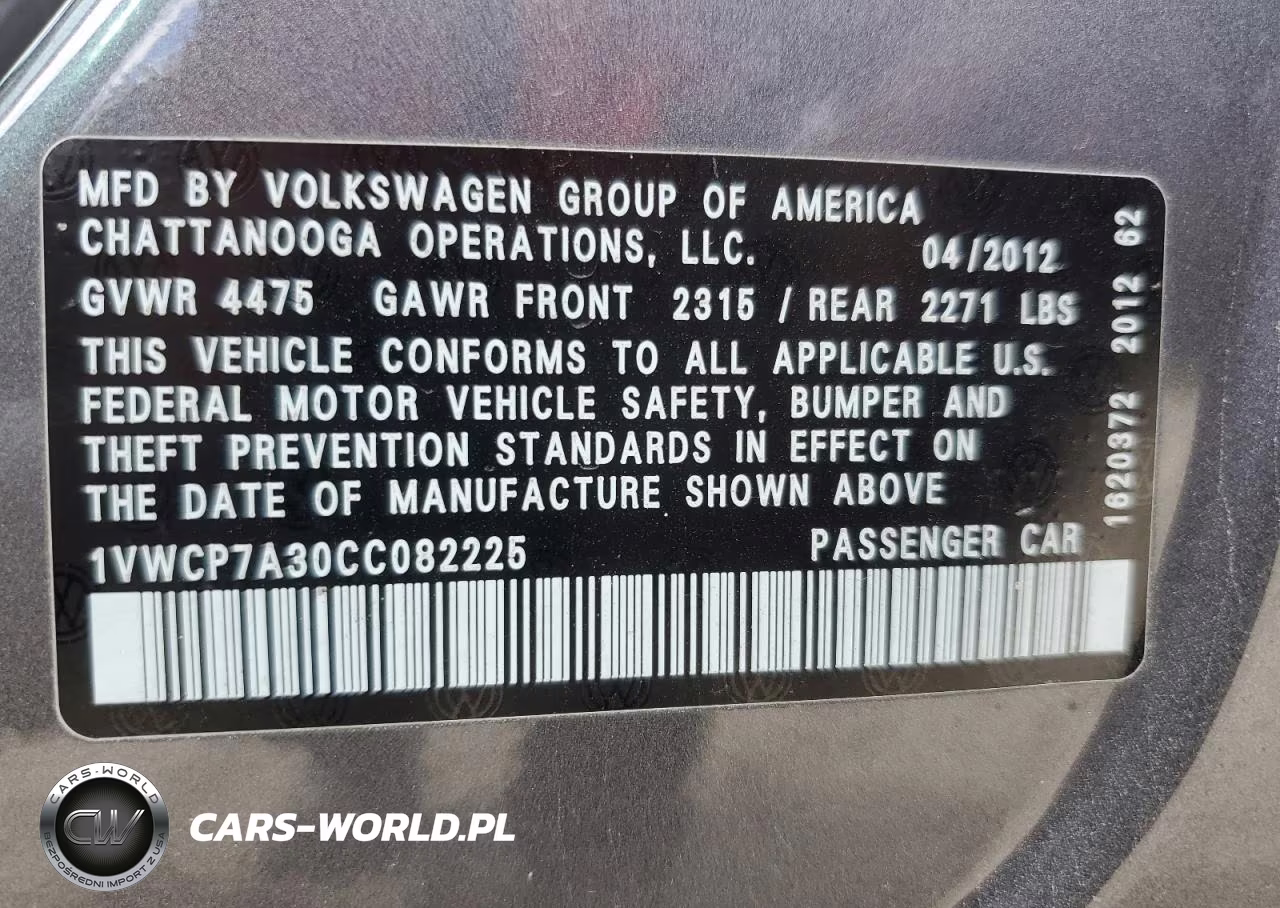 2012 Volkswagen Passat Sel VIN:1VWCP7A30CC082225 - 12