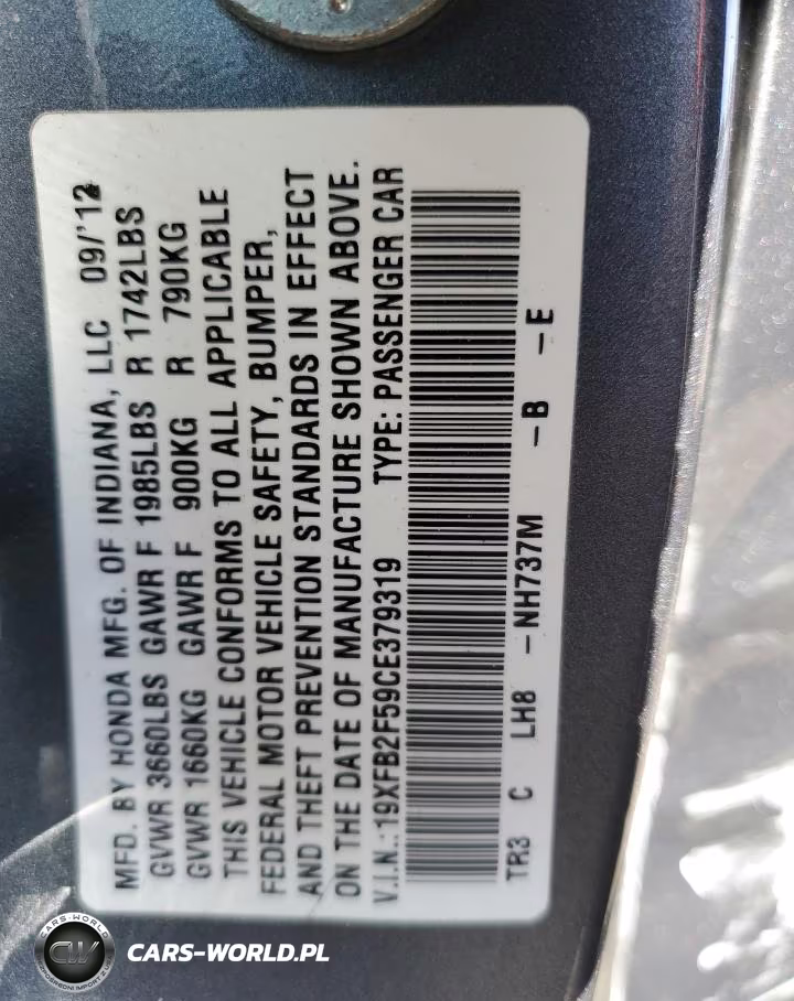 2012 Honda Civic Lx VIN:19XFB2F59CE379319 - 12