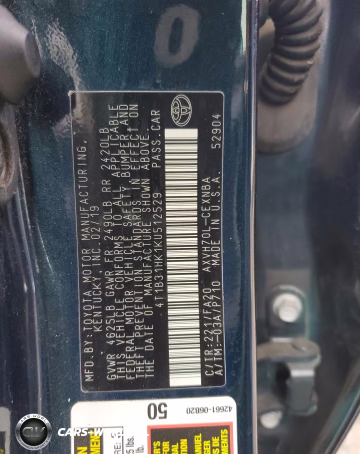 2019 Toyota Camry Le VIN:4T1B31HK1KU512529 - 12