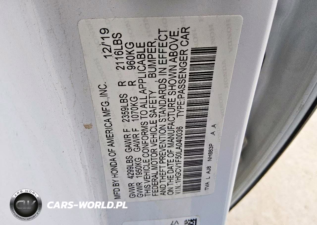 2020 Honda Accord Exl VIN:1HGCV1F50LA040036 - 12