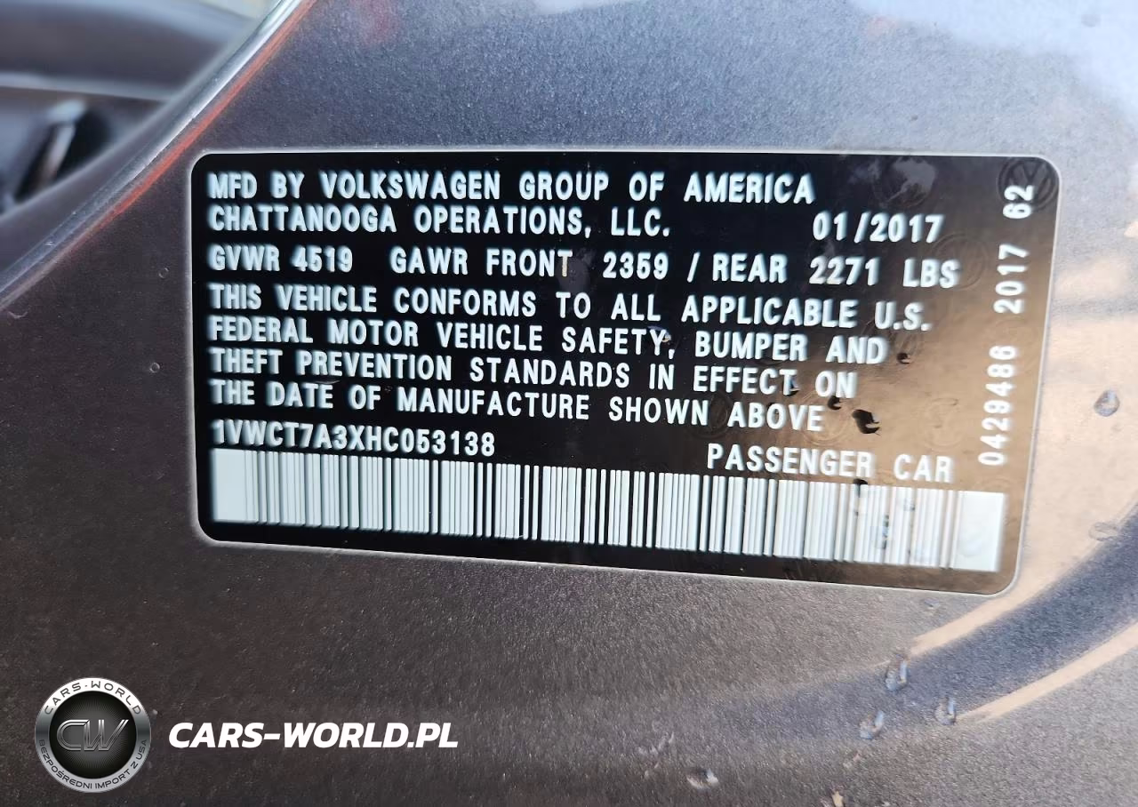 2017 Volkswagen Passat Sel Premium VIN:1VWCT7A3XHC053138 - 12