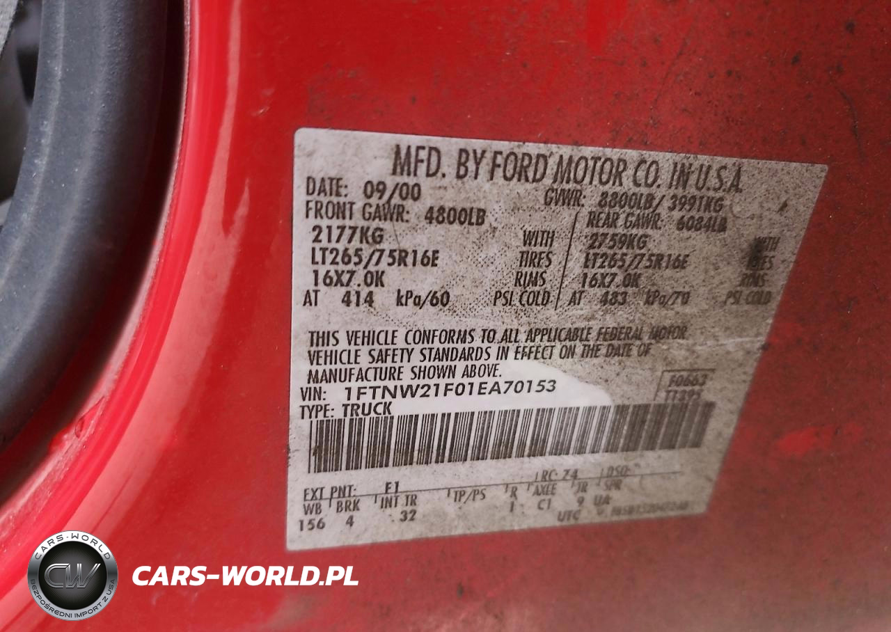 2001 Ford F250 Super Duty VIN:1FTNW21F01EA70153 - 12