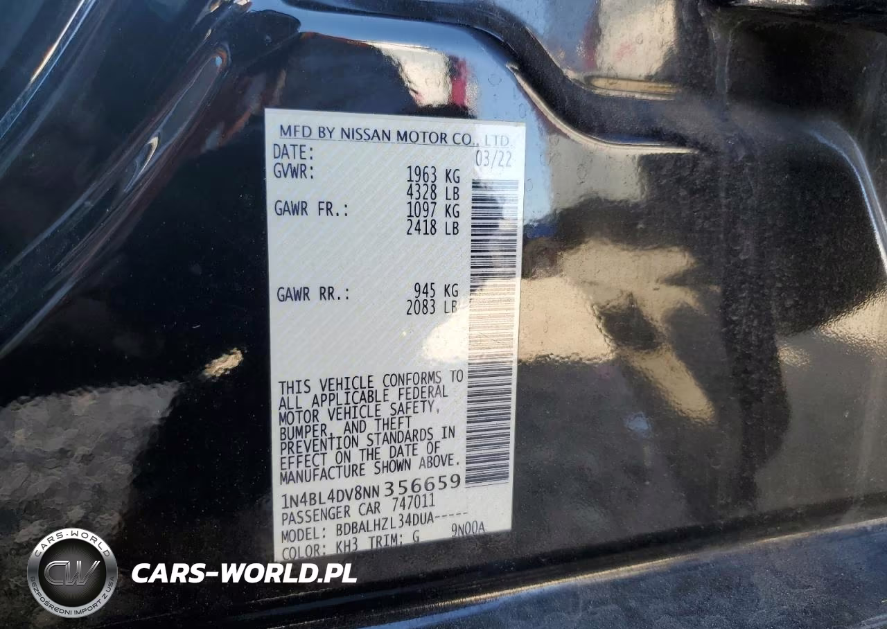 2022 Nissan Altima Sv VIN:1N4BL4DV8NN356659 - 12