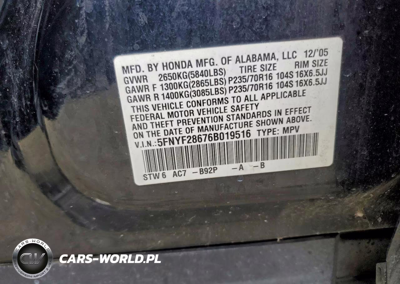 2006 Honda Pilot Ex VIN:5FNYF28676B019516 - 13