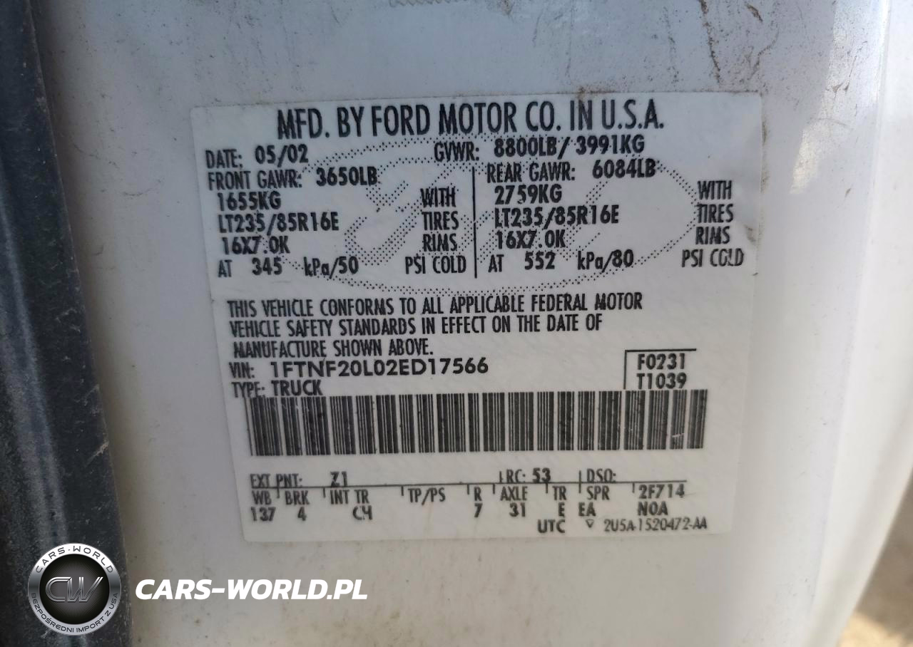 2002 Ford F250 Super Duty VIN:1FTNF20L02ED17566 - 12