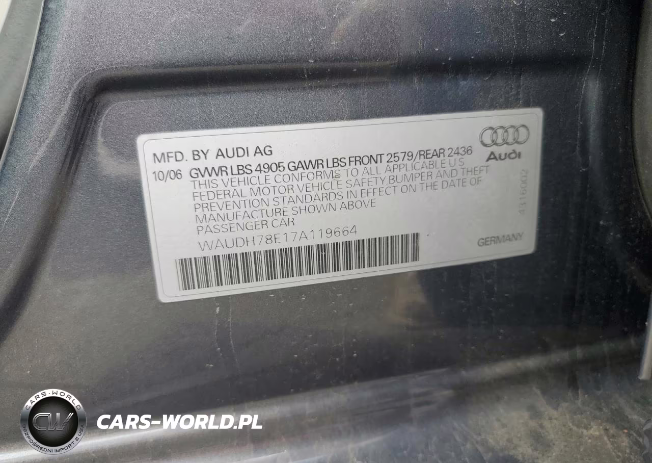 2007 AUDI A4 3.2 QUATTRO VIN:WAUDH78E17A119664 - 12