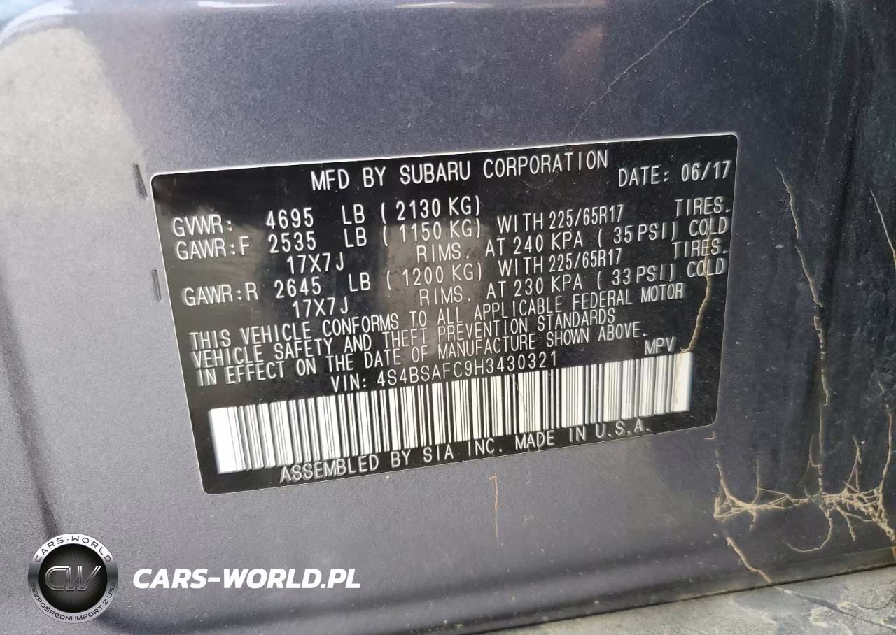 2017 Subaru Outback 2.5I Premium VIN:4S4BSAFC9H3430321 - 13