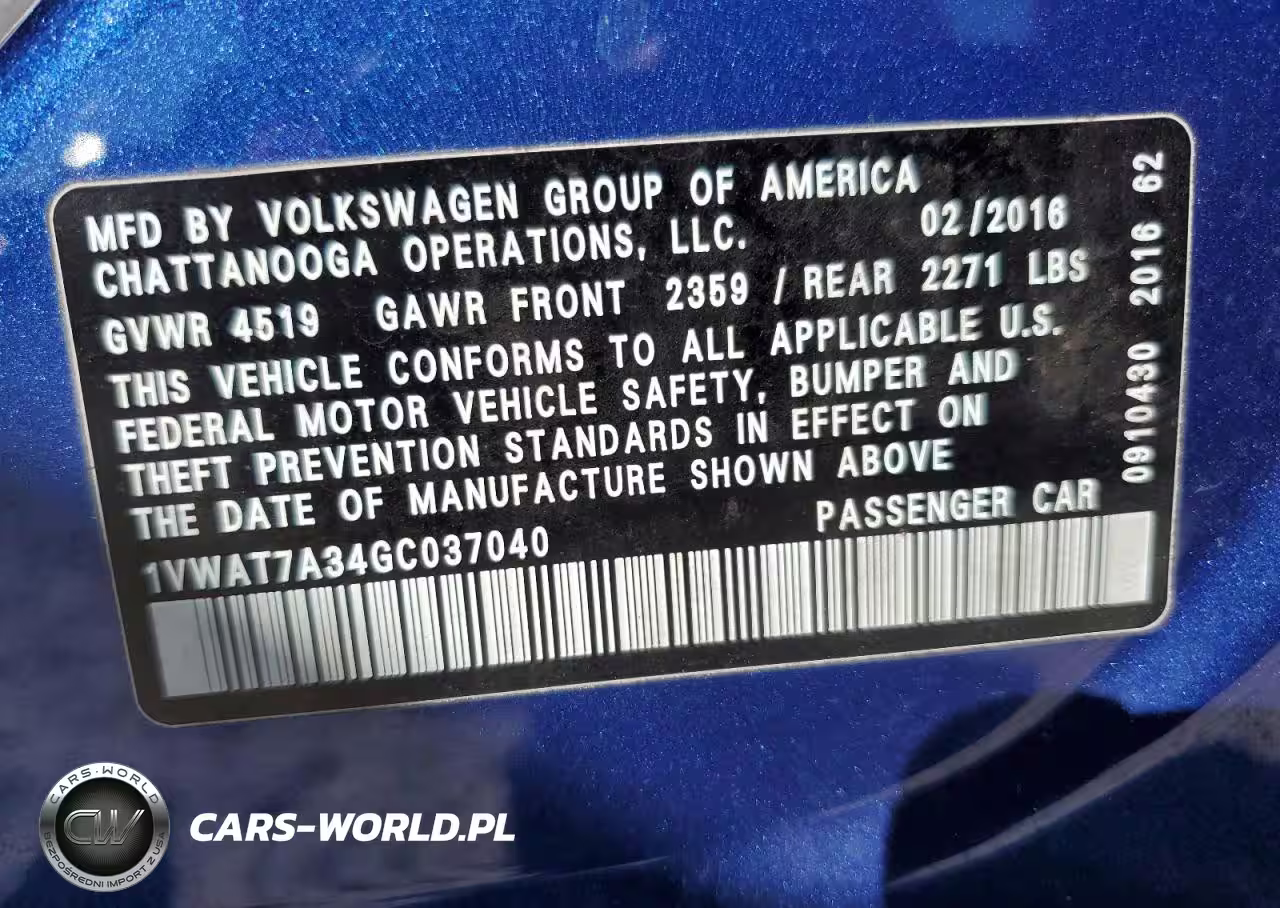 2016 Volkswagen Passat S VIN:1VWAT7A34GC037040 - 12