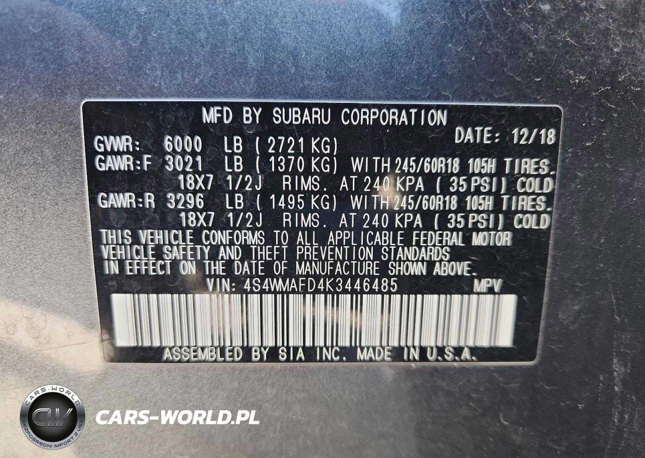 2019 Subaru Ascent Premium VIN:4S4WMAFD4K3446485 - 13