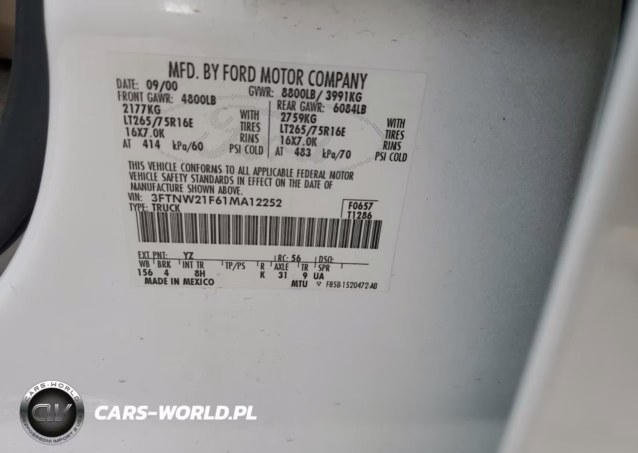 2001 Ford F250 Super Duty VIN:3FTNW21F61MA12252 - 12