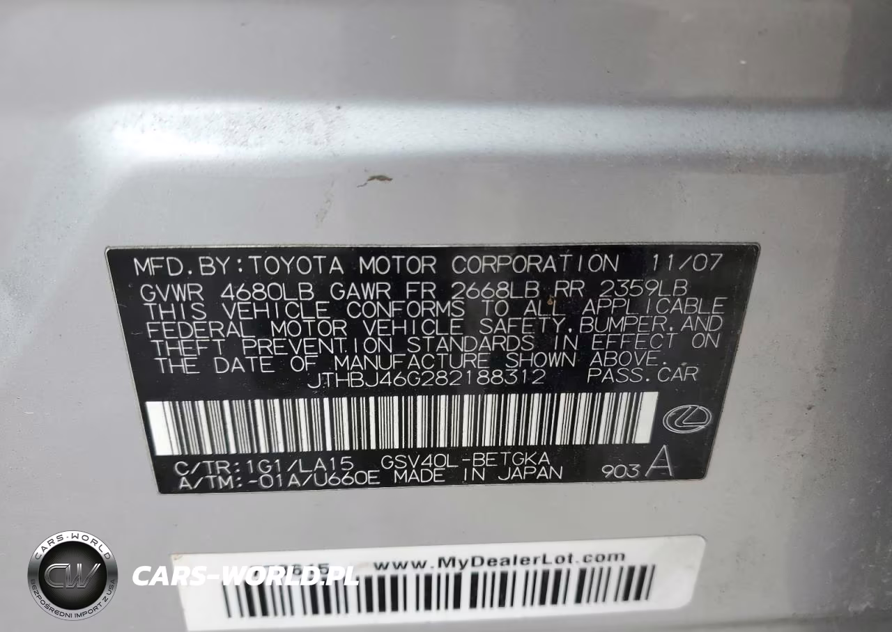 2008 Lexus Es 350 Base VIN:JTHBJ46G282188312 - 12