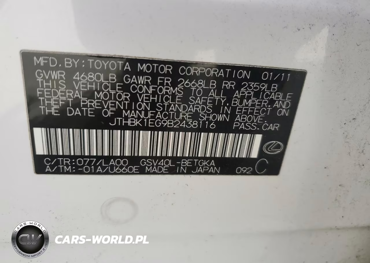 2011 Lexus Es 350 VIN:JTHBK1EG9B2438116 - 12