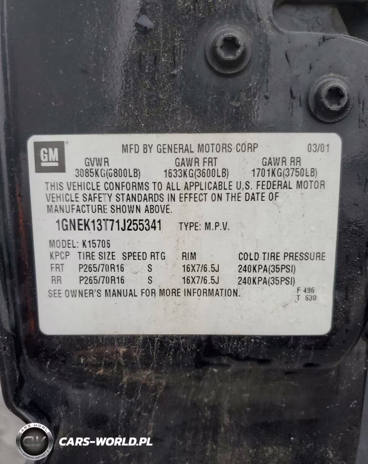 2001 Chevrolet Tahoe K1500 VIN:1GNEK13T71J255341 - 13