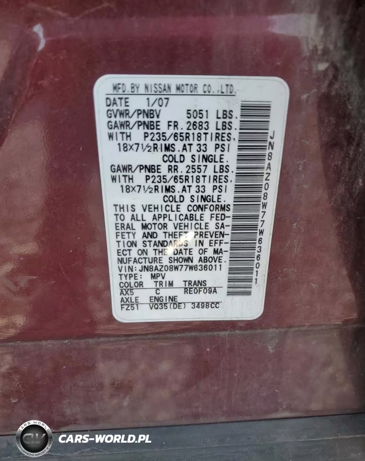 2007 Nissan Murano S VIN:JN8AZ08W77W636011 - 13