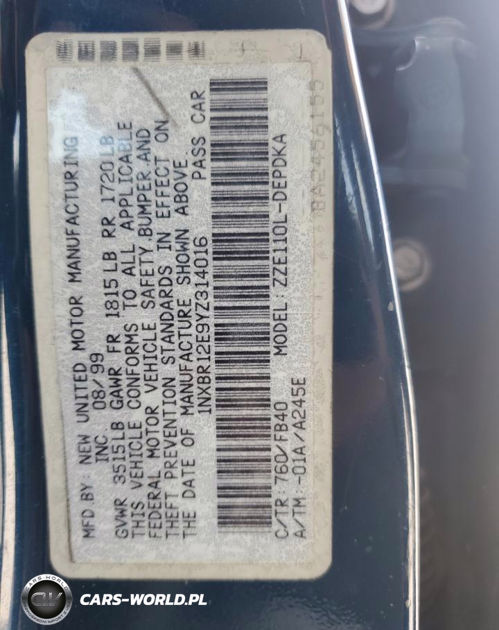 2000 Toyota Corolla Ve VIN:1NXBR12E9YZ314016 - 12