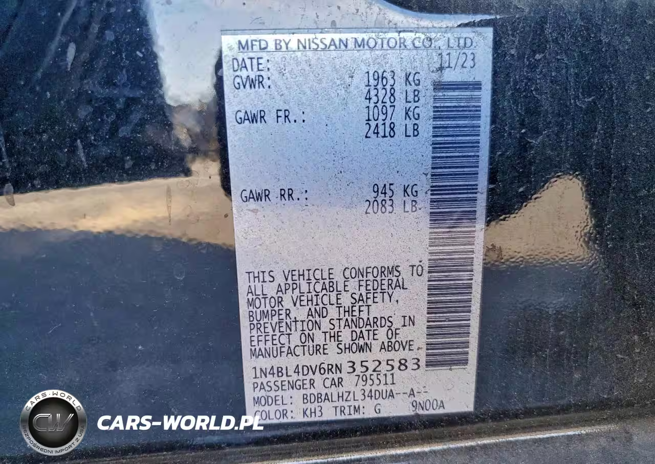 2024 Nissan Altima Sv VIN:1N4BL4DV6RN352583 - 12