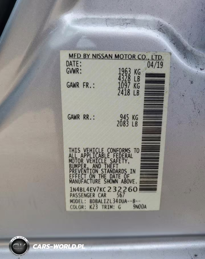 2019 Nissan Altima Sl VIN:1N4BL4EV7KC232260 - 12