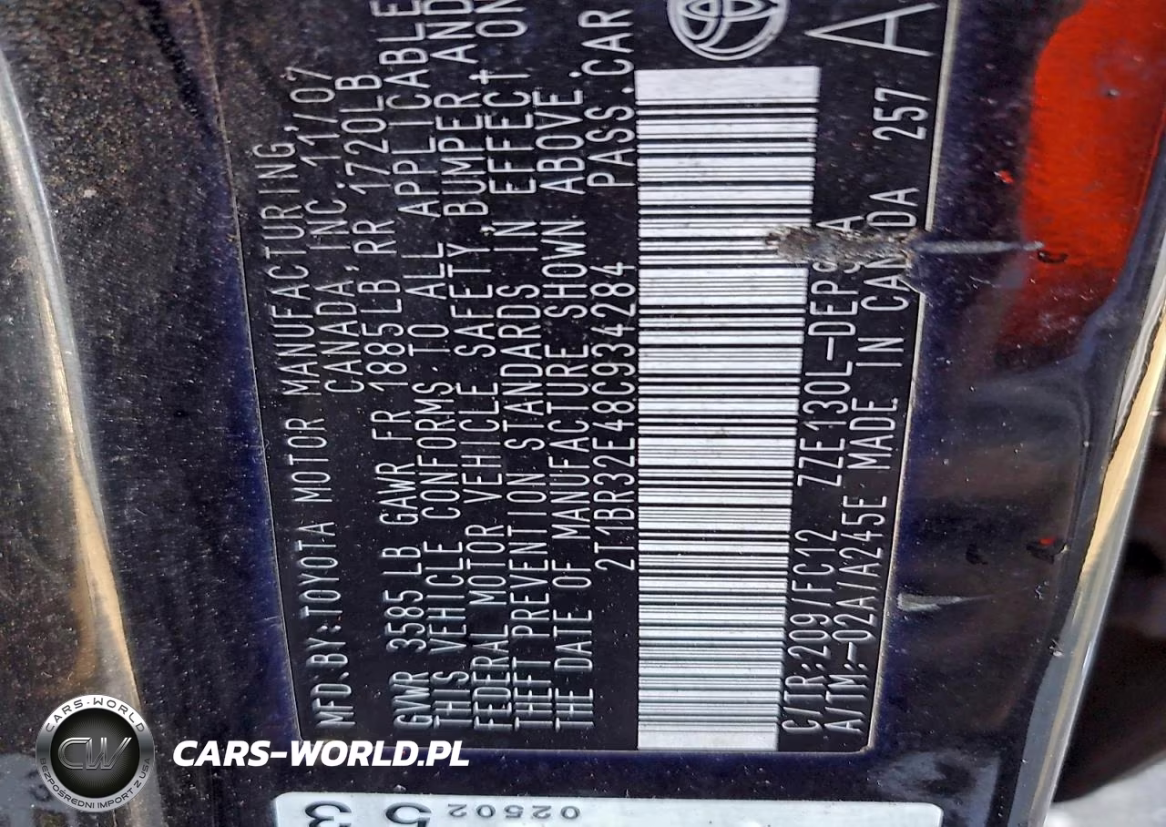 2008 Toyota Corolla Ce VIN:2T1BR32E48C934284 - 12