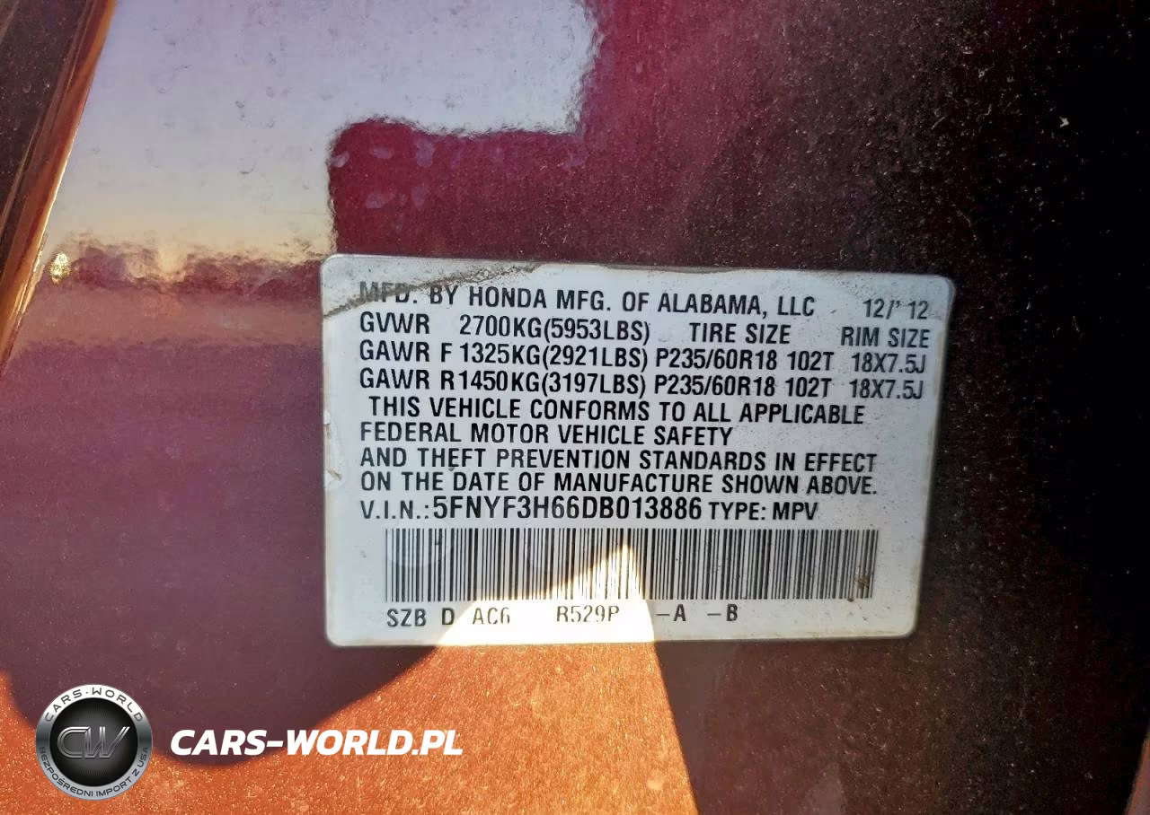 2013 Honda Pilot Exl VIN:5FNYF3H66DB013886 - 12