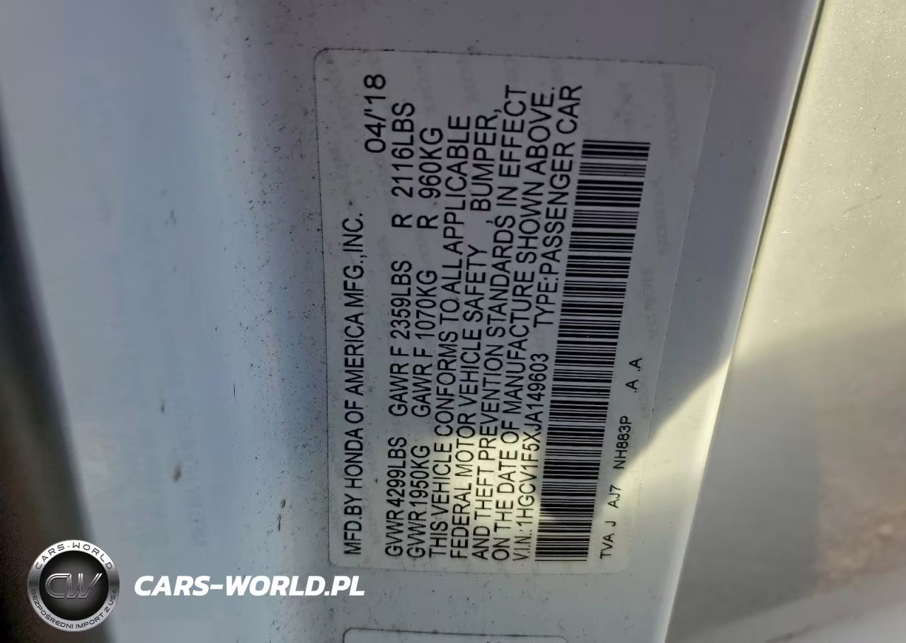 2018 Honda Accord Exl VIN:1HGCV1F5XJA149603 - 12