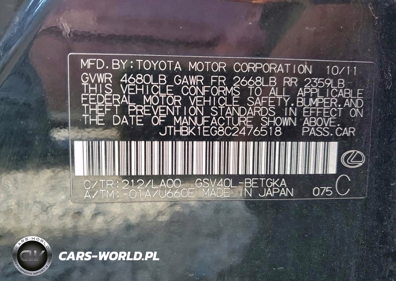 2012 Lexus Es 350 Base VIN:JTHBK1EG8C2476518 - 12