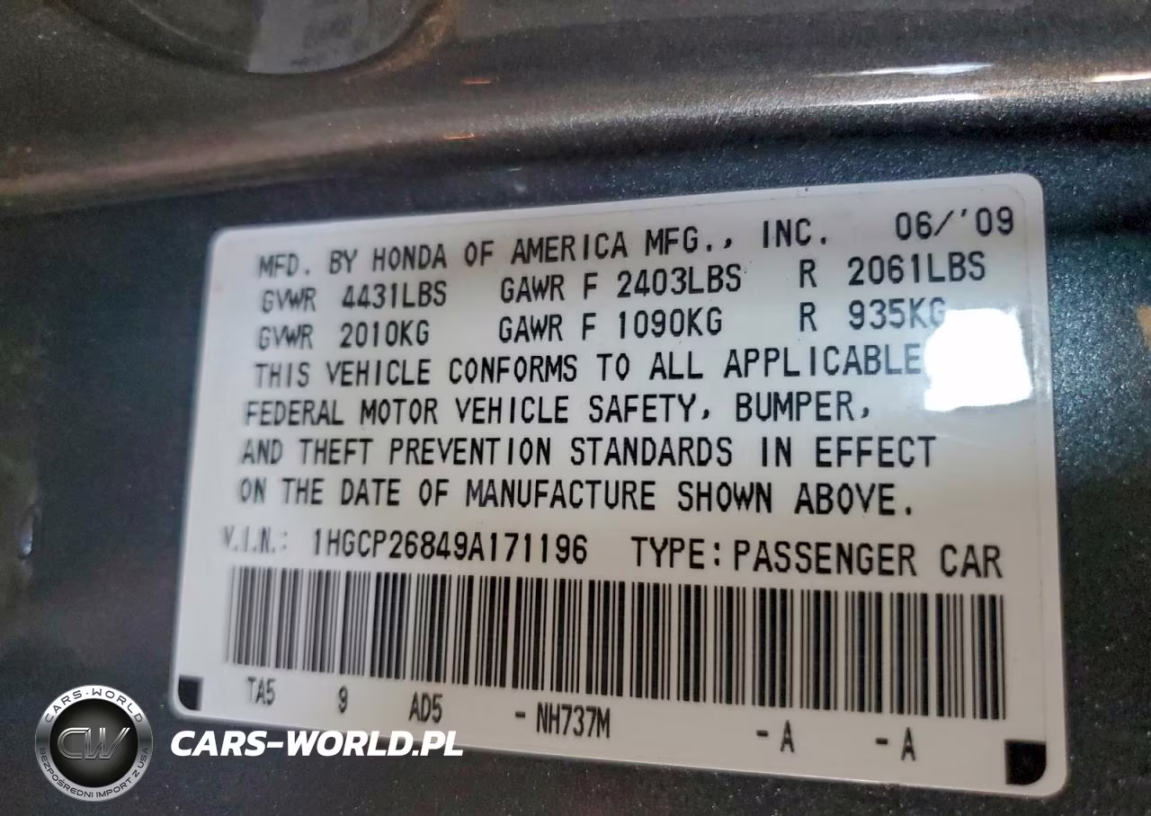 2009 Honda Accord Exl VIN:1HGCP26849A171196 - 12