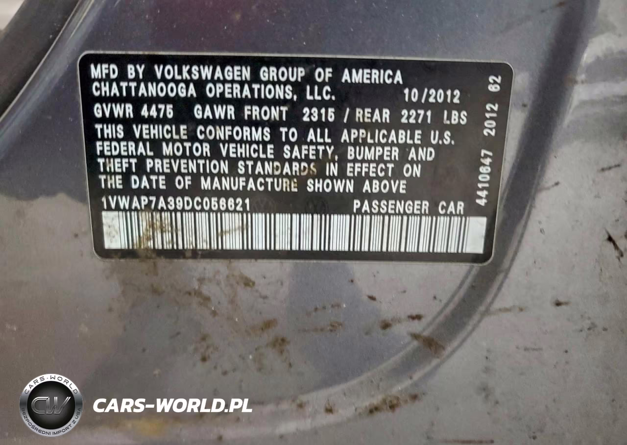 2013 Volkswagen Passat S VIN:1VWAP7A39DC056621 - 12