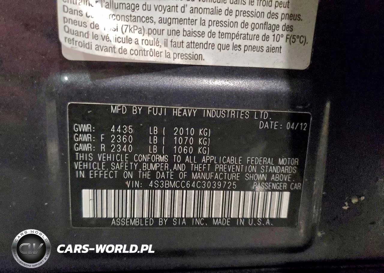 2012 Subaru Legacy VIN:4S3BMCC64C3039725 - 12