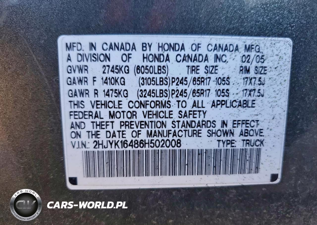 2006 Honda Ridgeline Rts VIN:2HJYK16486H502008 - 12