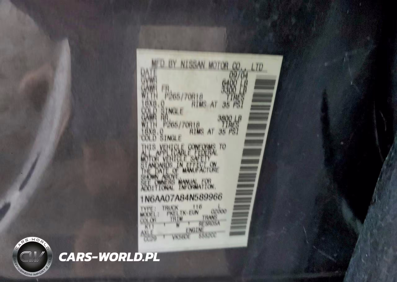 2004 Nissan Titan Xe VIN:1N6AA07A84N589966 - 12