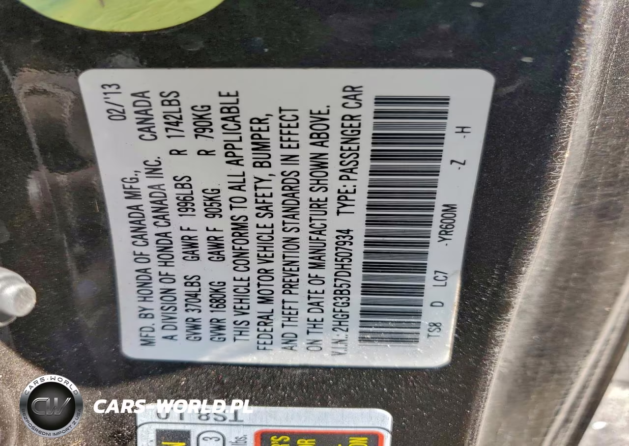 2013 Honda Civic Lx VIN:2HGFG3B57DH507934 - 12