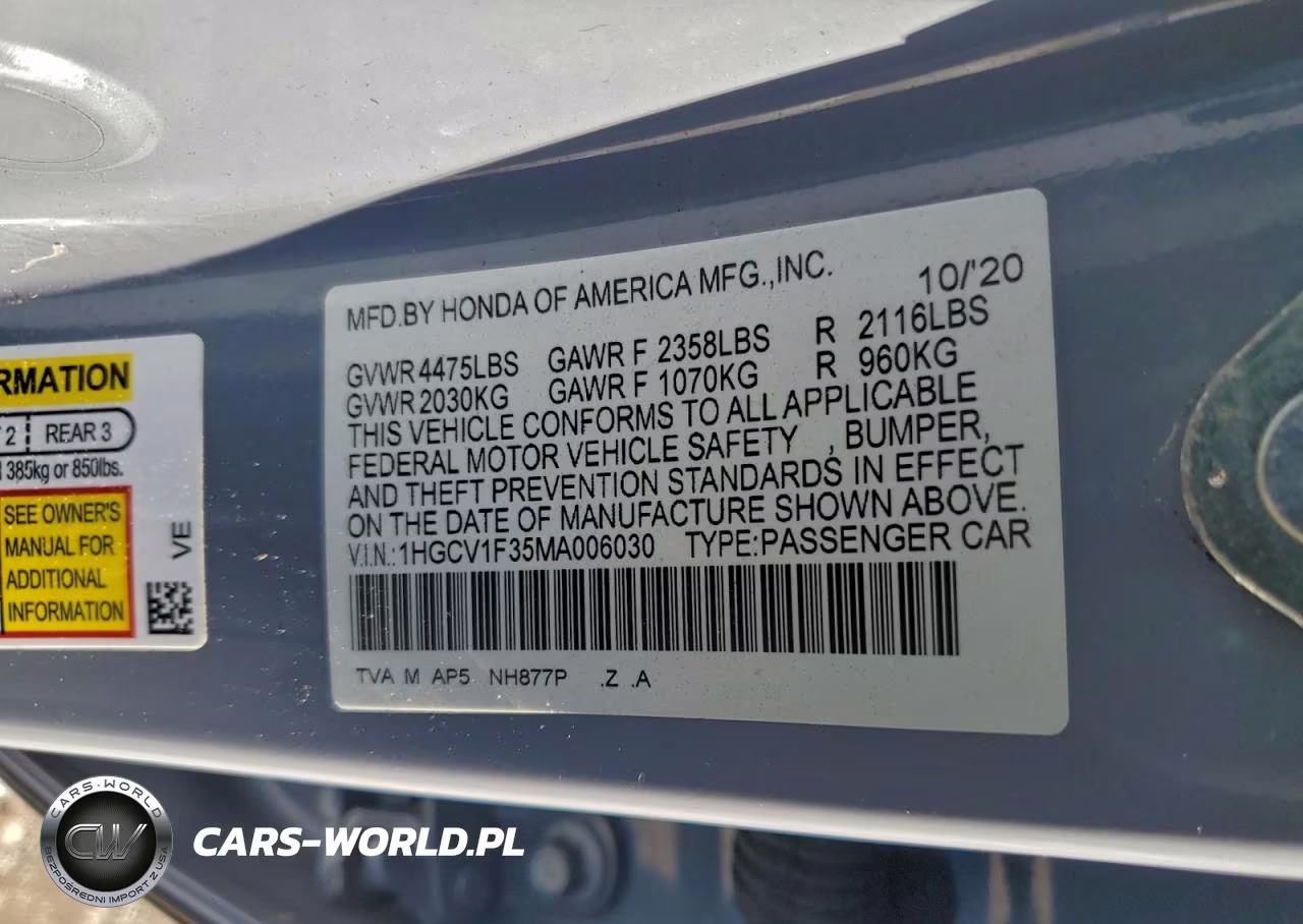 2021 Honda Accord Sport VIN:1HGCV1F35MA006030 - 12