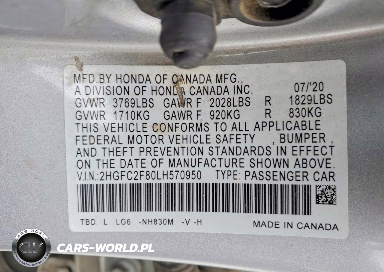 2020 Honda Civic Sport VIN:2HGFC2F80LH570950 - 12