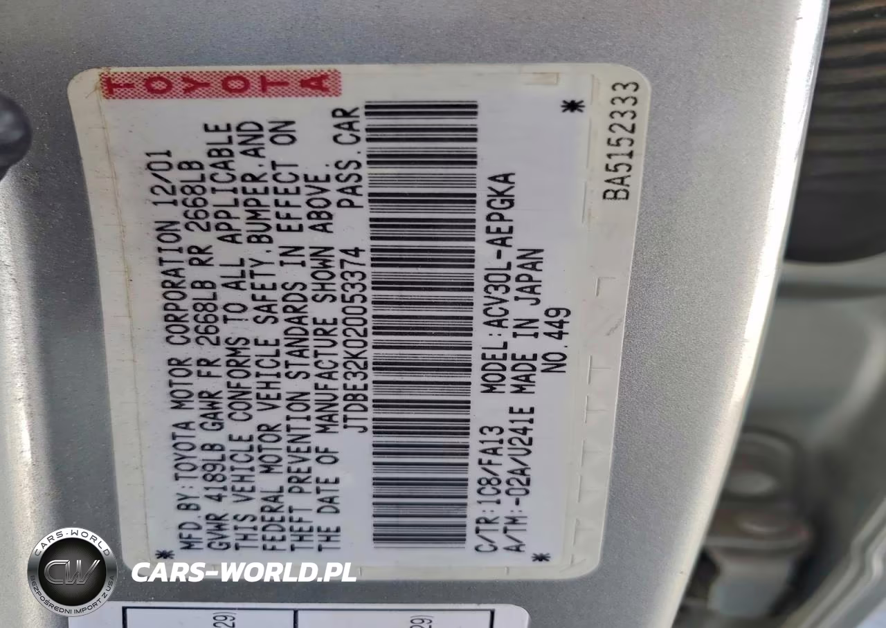 2002 Toyota Camry VIN:JTDBE32K020053374 - 12