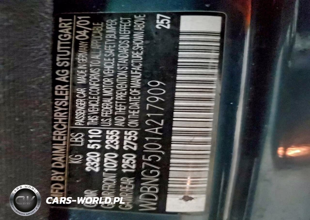 2001 Mercedes-Benz S 500 VIN:WDBNG75J01A217909 - 12