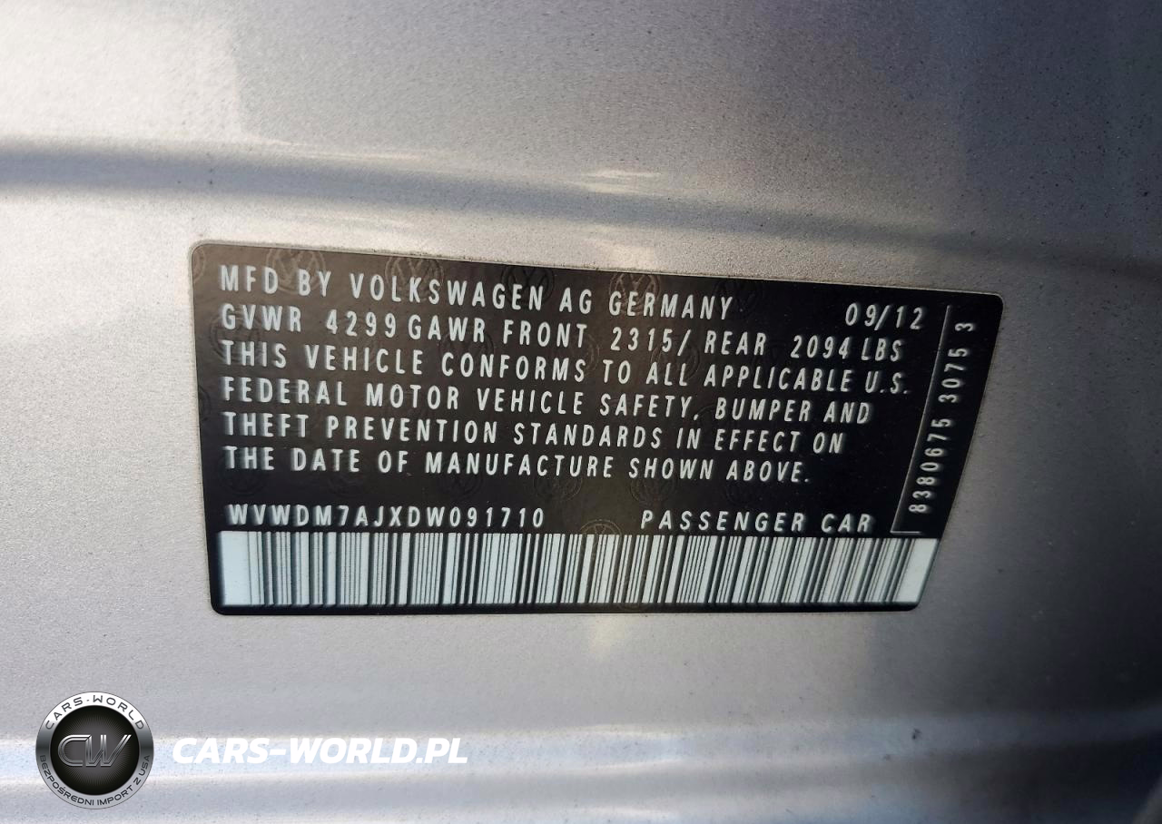 2013 Volkswagen Golf VIN:WVWDM7AJXDW091710 - 12